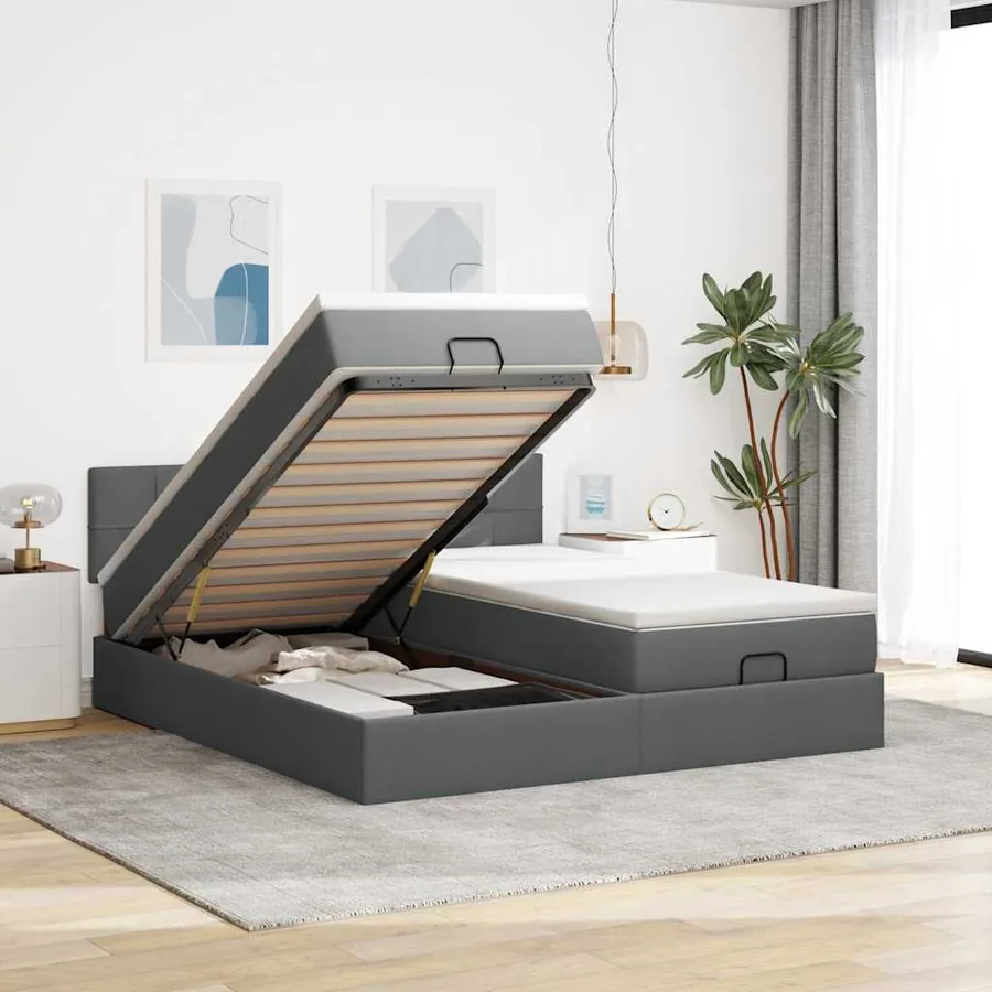 Cadre de lit ottoman avec matelas gris foncé 160x200cm tissu