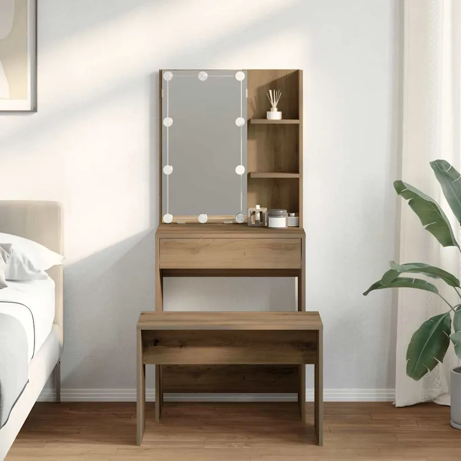 Ensemble de coiffeuse avec LED chêne artisanal bois ingénierie - 3
