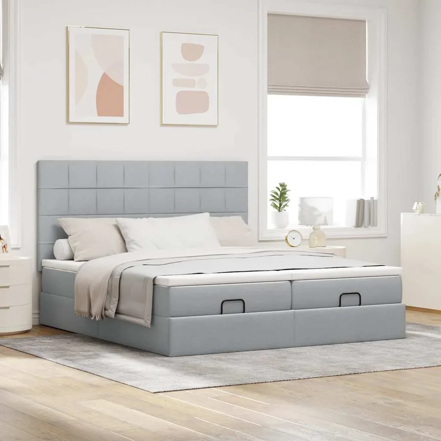 Cadre de lit ottoman et matelas gris clair 160x200cm tissu - 3