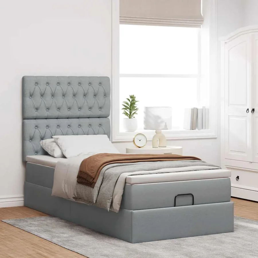 Cadre de lit ottoman avec matelas gris clair 80x200 cm tissu - 3