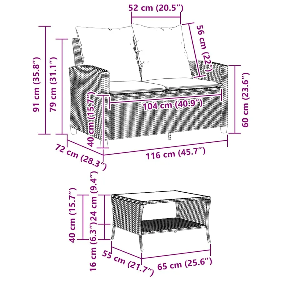Canapé de jardin 2places coussins et table beige résine tressée - 11