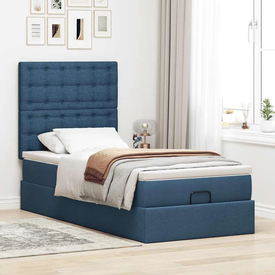 Cadre de lit ottoman avec matelas bleu 90x190 cm tissu - 3