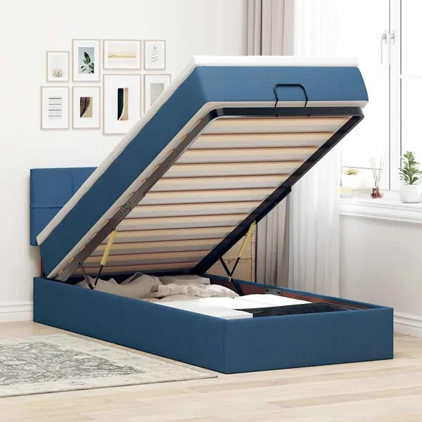 Cadre de lit ottoman avec matelas bleu 90x190 cm tissu