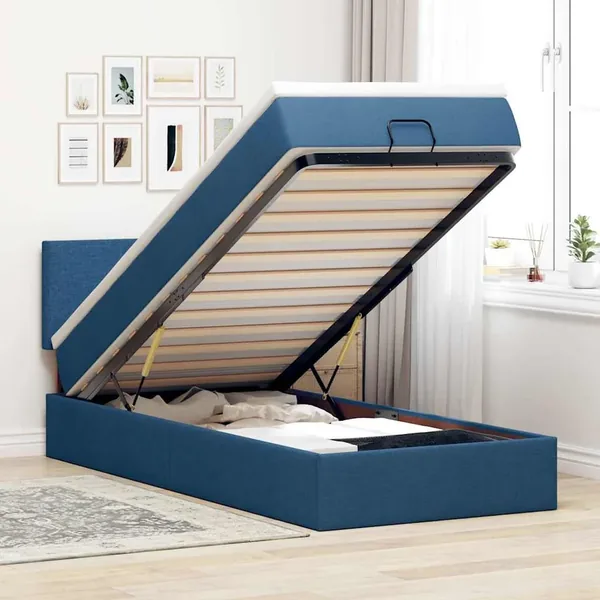 Cadre de lit ottoman avec matelas bleu 90x190 cm tissu