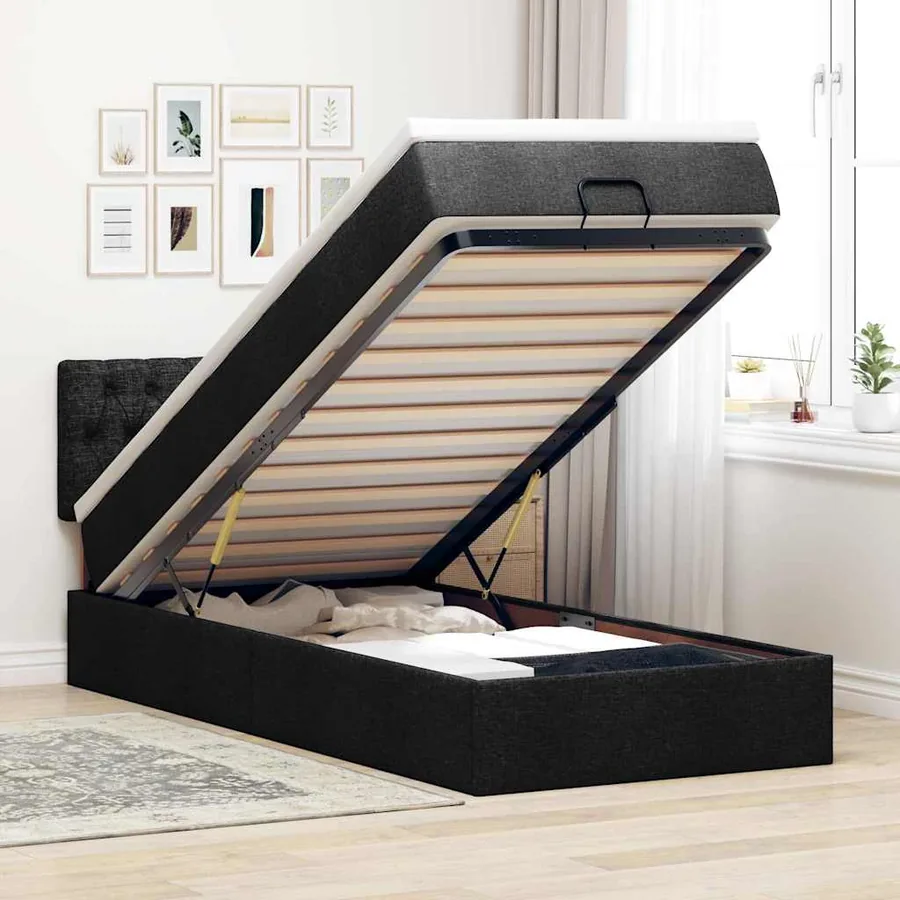Cadre de lit ottoman avec matelas noir 90x190 cm tissu