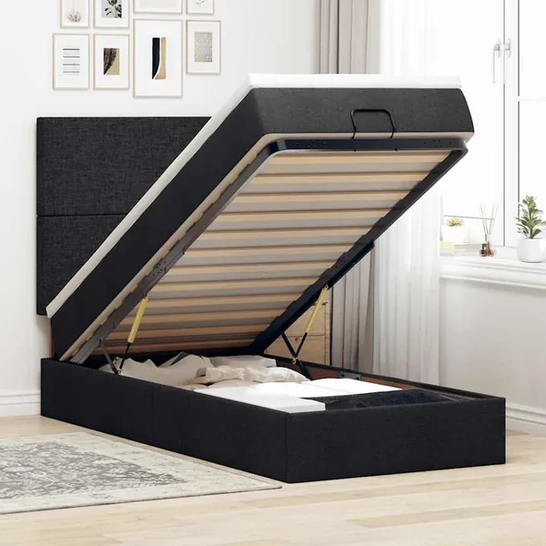 Cadre de lit ottoman avec matelas noir 90x190 cm tissu