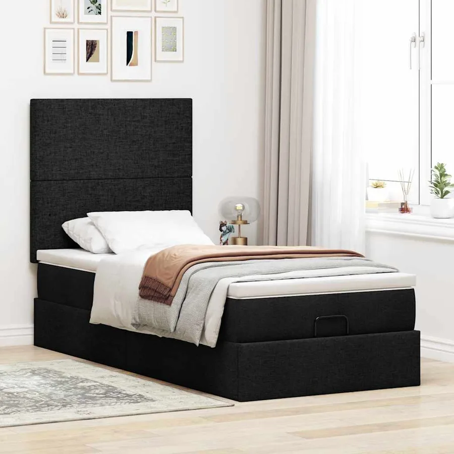 Cadre de lit ottoman avec matelas noir 90x190 cm tissu - 3