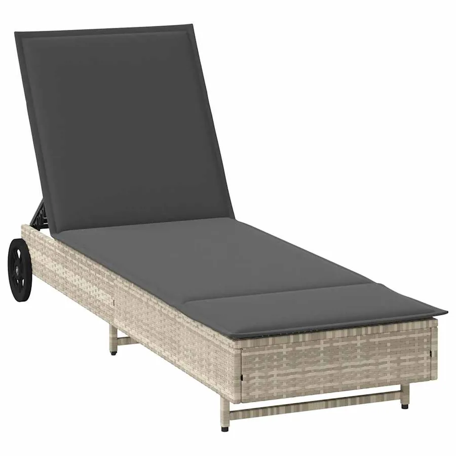 Chaise longue avec roues et coussins gris clair résine tressée - 2