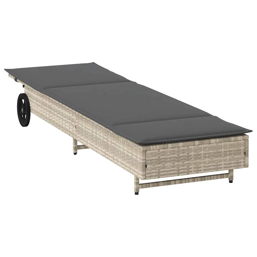 Chaise longue avec roues et coussins gris clair résine tressée - 4