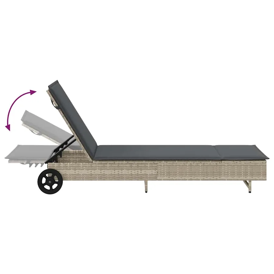 Chaise longue avec roues et coussins gris clair résine tressée - 9