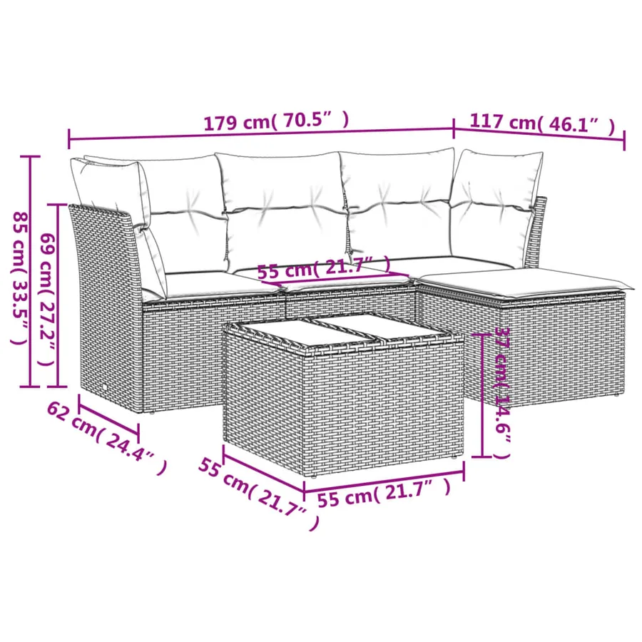 Salon de jardin avec coussins 5 pcs marron résine tressée - 3