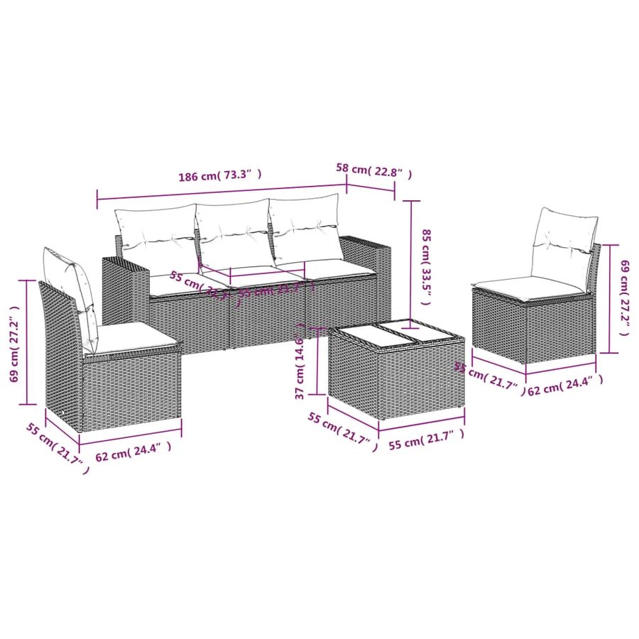 Salon de jardin avec coussins 6 pcs marron résine tressée - 3