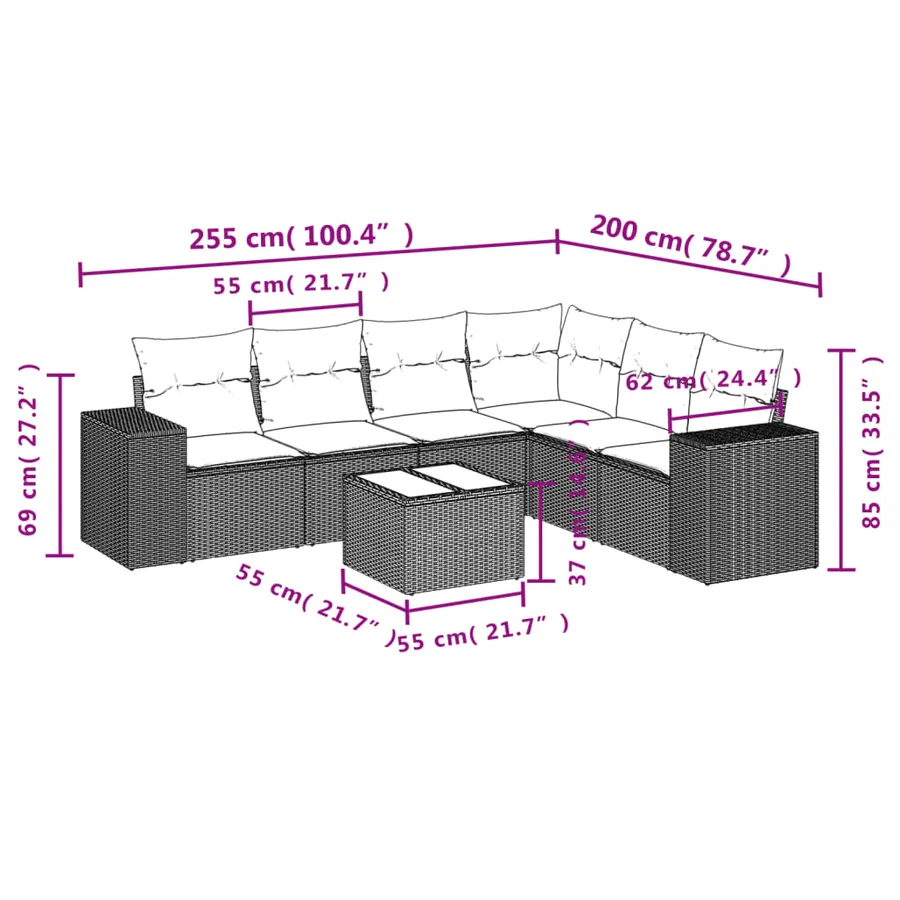 Salon de jardin avec coussins 7 pcs marron résine tressée - 3