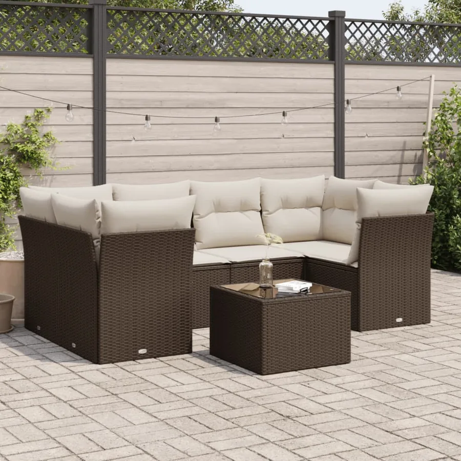 Salon de jardin avec coussins 7 pcs marron résine tressée