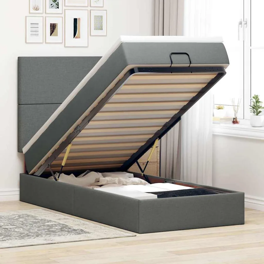 Cadre de lit ottoman avec matelas gris foncé 90x190 cm tissu