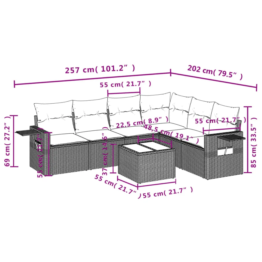 Salon de jardin avec coussins 7 pcs marron résine tressée - 3