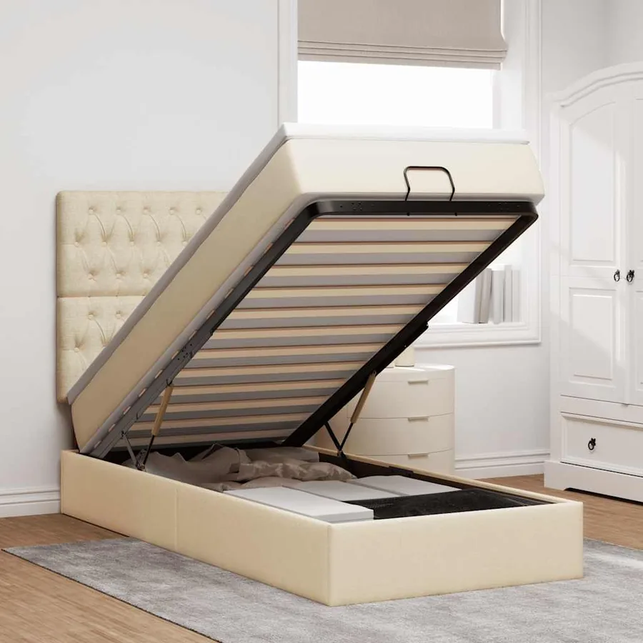 Cadre de lit ottoman avec matelas crème 90x190 cm tissu