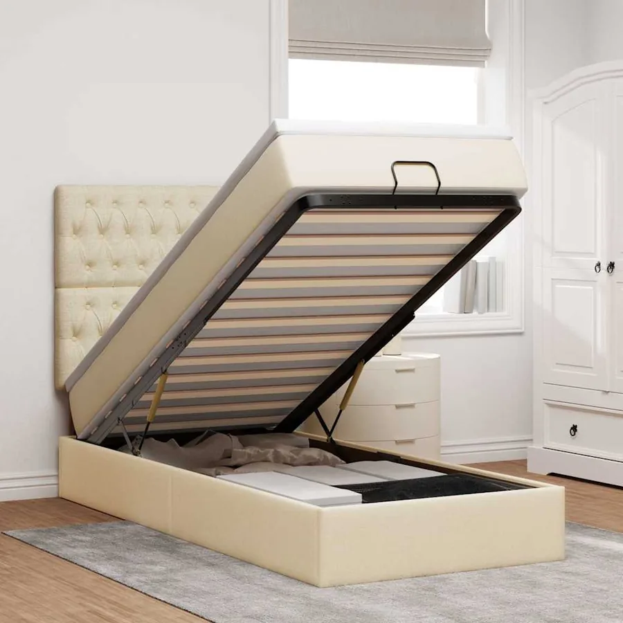 Cadre de lit ottoman avec matelas crème 90x190 cm tissu