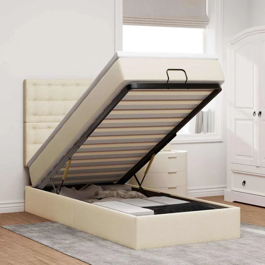 Cadre de lit ottoman avec matelas crème 90x190 cm tissu