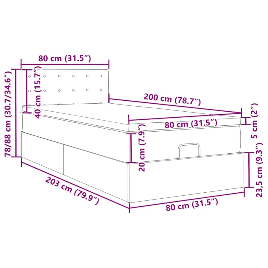 Cadre de lit ottoman avec matelas bleu 80x200 cm tissu - 18