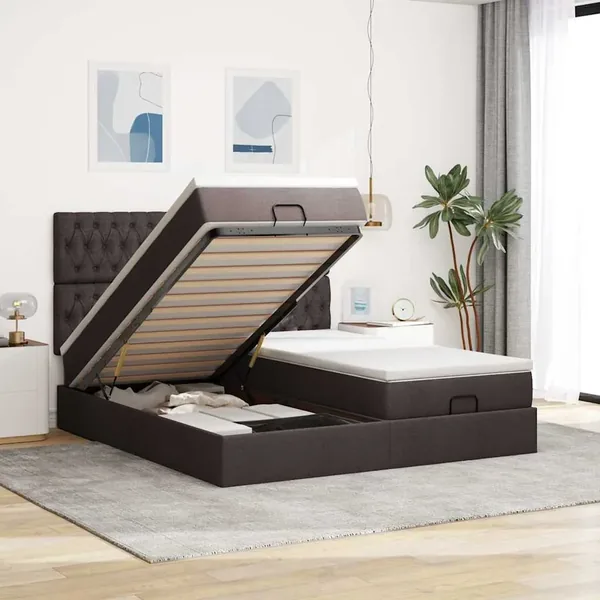 Cadre de lit ottoman avec matelas marron foncé 160x200 cm tissu