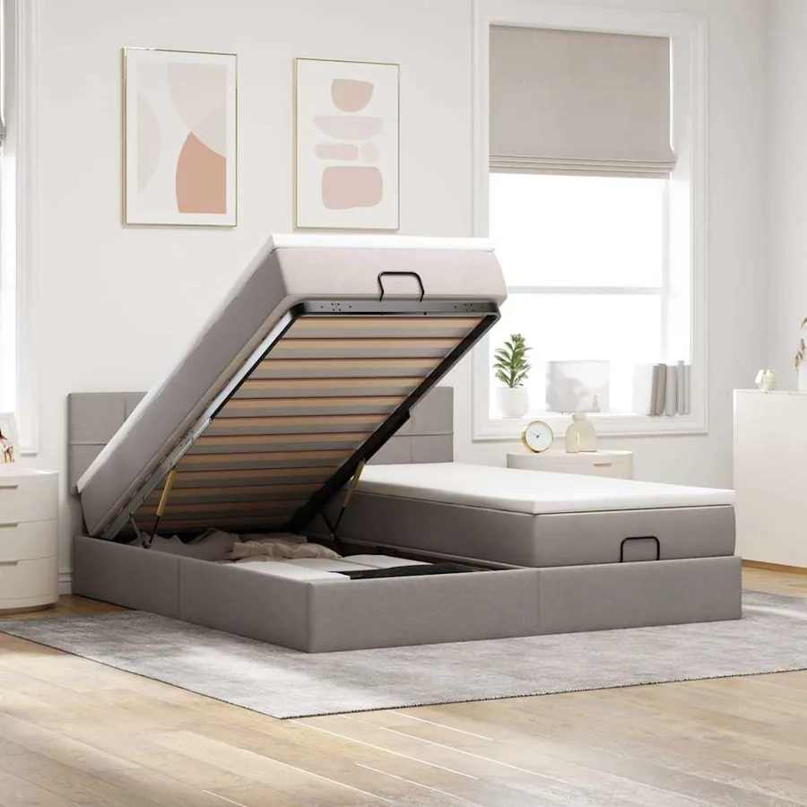 Cadre de lit ottoman avec matelas taupe 160x200 cm tissu