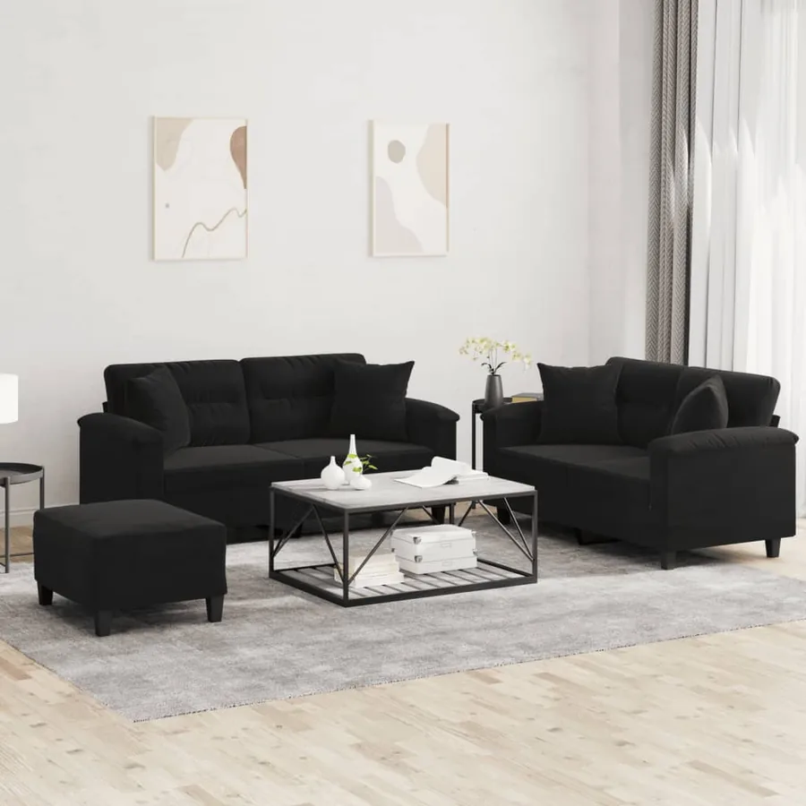 Ensemble de canapés 3 pcs avec coussins Noir Tissu microfibre