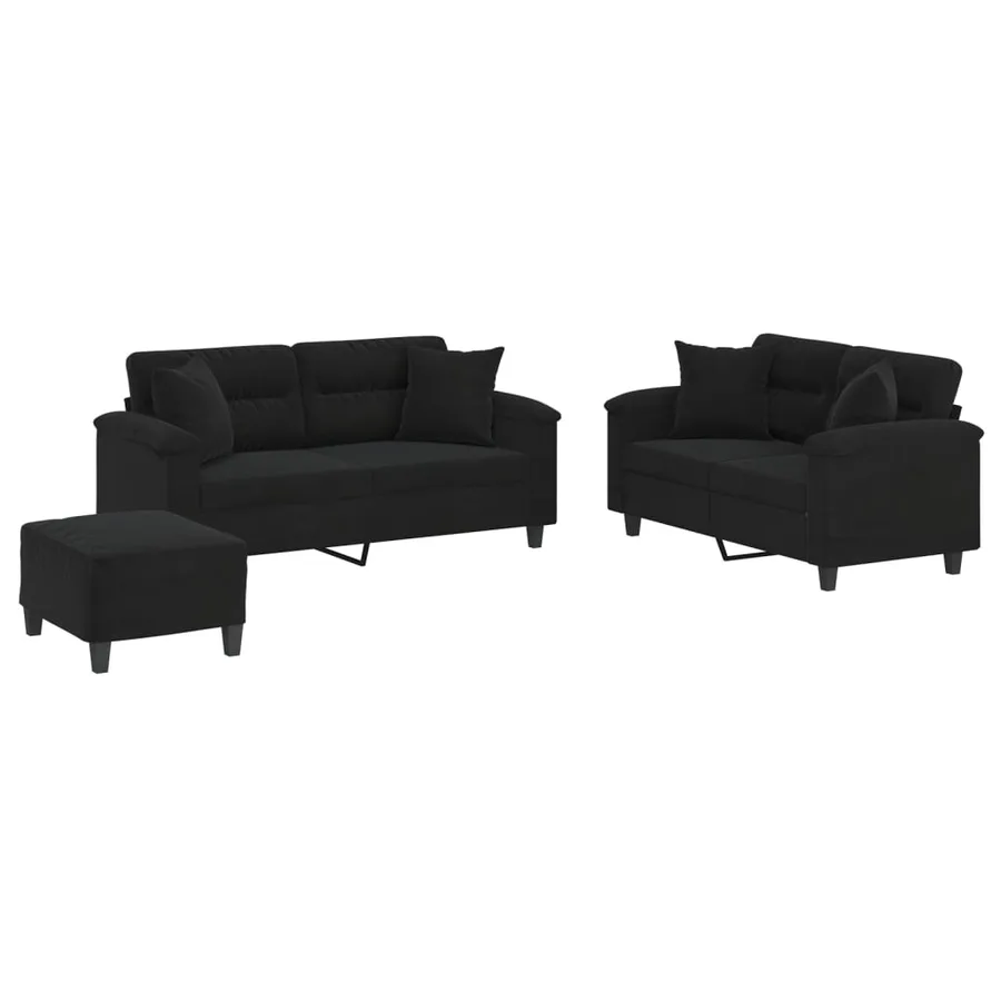 Ensemble de canapés 3 pcs avec coussins Noir Tissu microfibre - 2