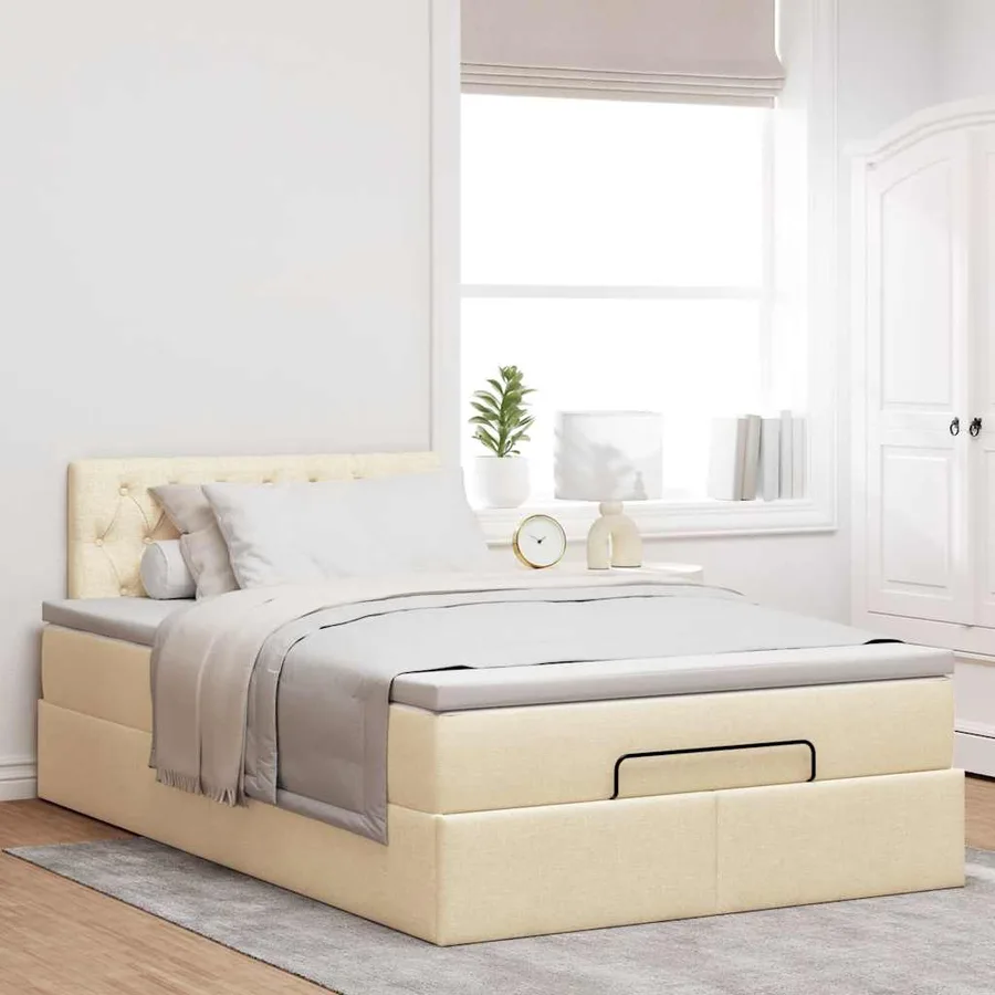 Cadre de lit ottoman avec matelas crème 120x200cm tissu - 4