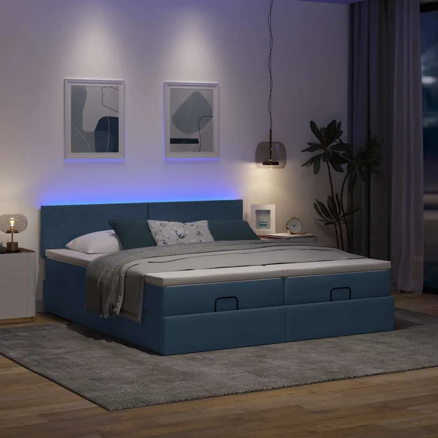 Cadre de lit ottoman avec matelas bleu 160x200 cm tissu - 3