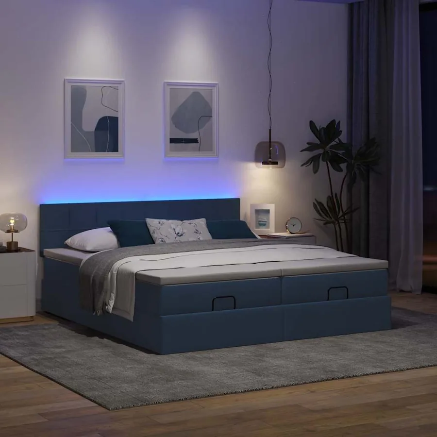 Cadre de lit ottoman avec matelas bleu 160x200 cm tissu - 3