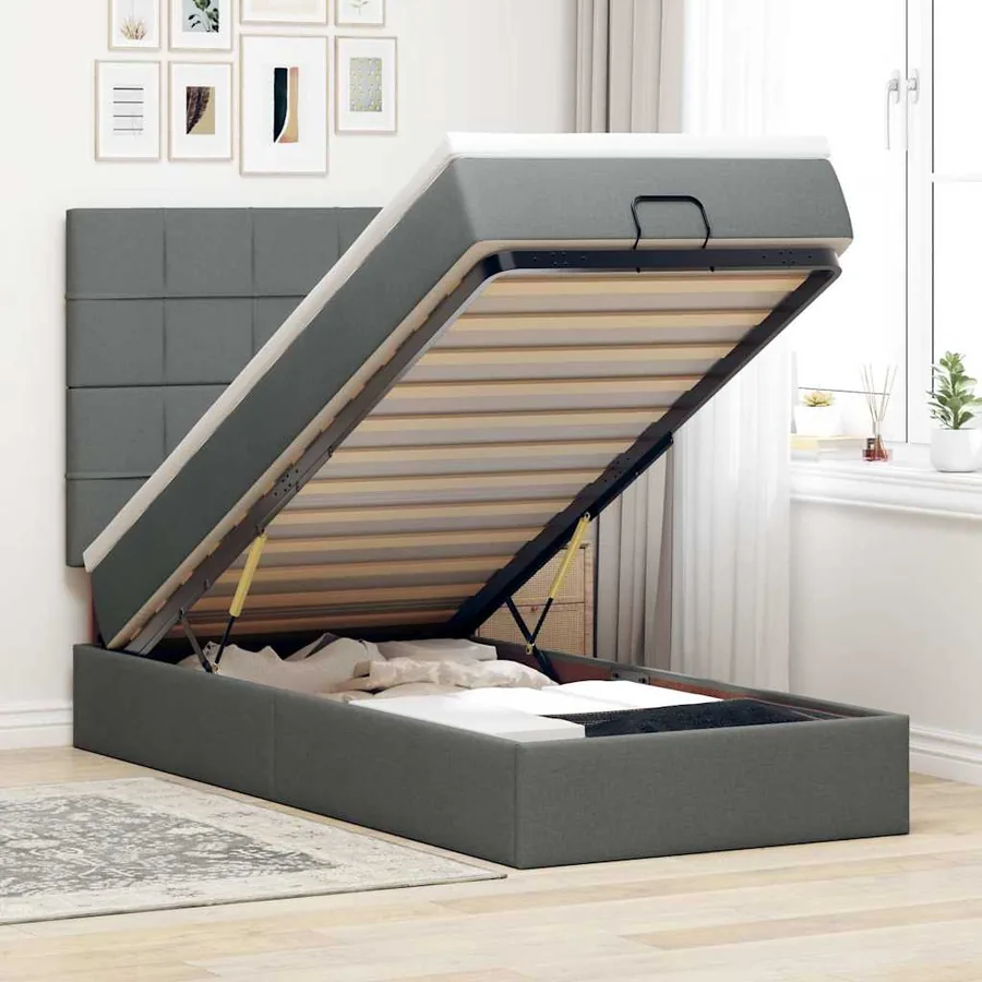 Cadre de lit ottoman avec matelas gris foncé 90x190 cm tissu