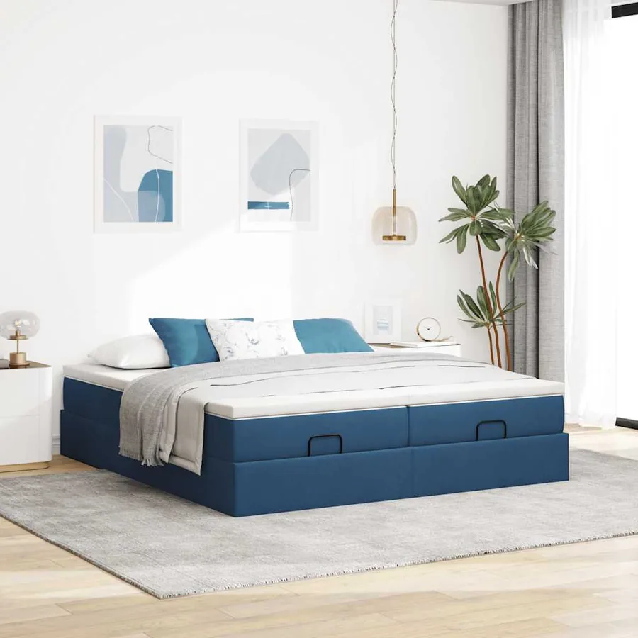 Cadre de lit ottoman avec matelas bleu 160x200 cm tissu - 3
