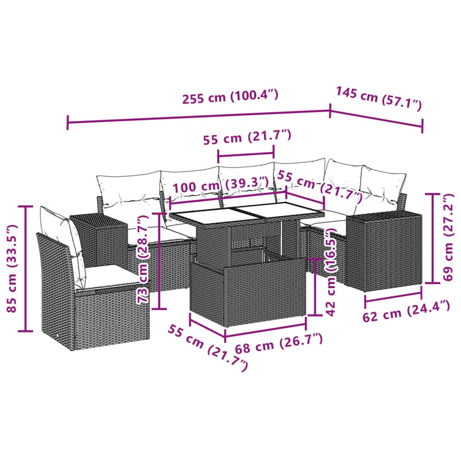 Salon de jardin avec coussins 7 pcs marron résine tressée - 10