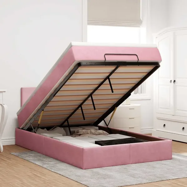 Cadre de lit ottoman avec matelas rose 120x200 cm velours