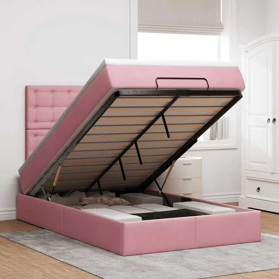 Cadre de lit ottoman avec matelas rose 120x200 cm velours
