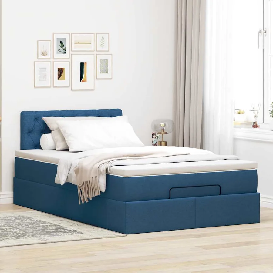 Cadre de lit ottoman avec matelas bleu 120x190 cm tissu - 3
