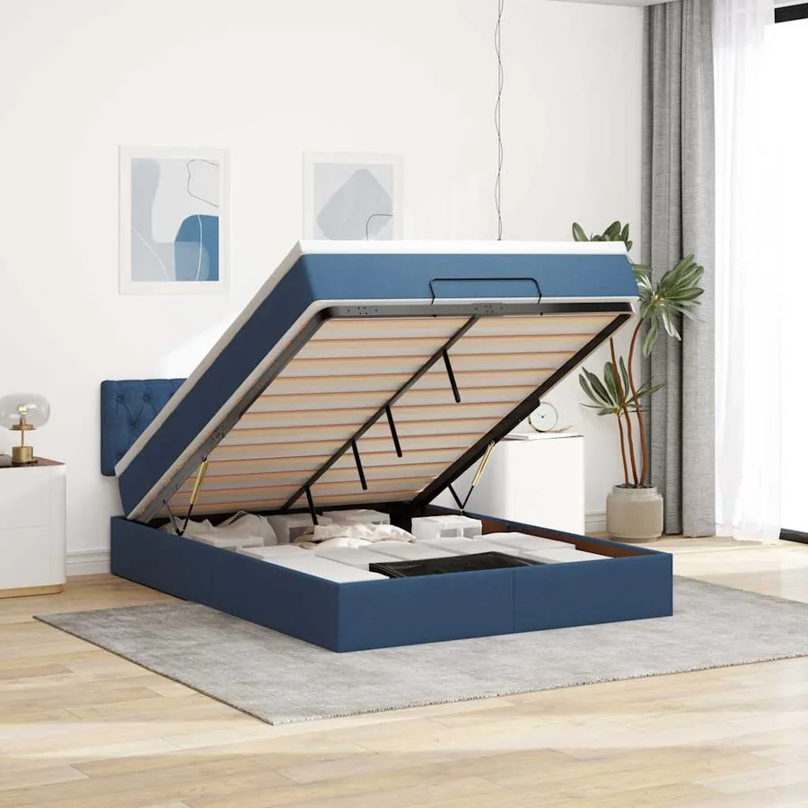 Cadre de lit ottoman avec matelas bleu 140x200 cm tissu