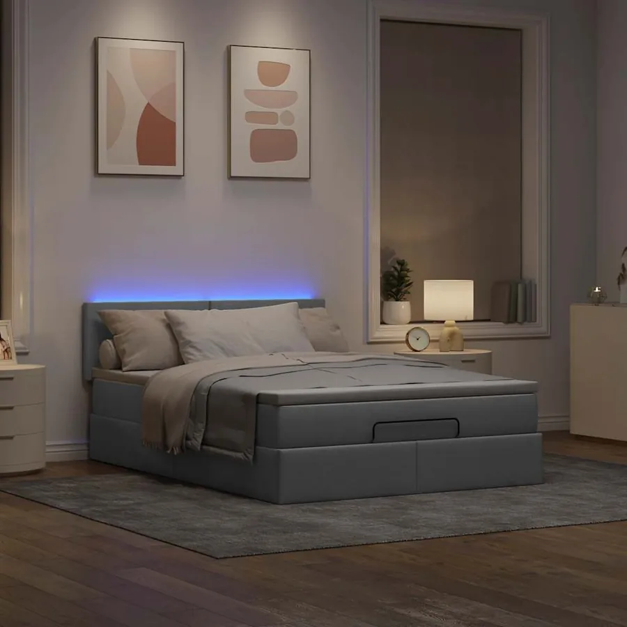 Cadre de lit ottoman et matelas gris clair 140x200 cm tissu - 3