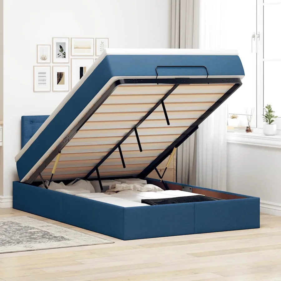 Cadre de lit ottoman avec matelas bleu 120x190 cm tissu