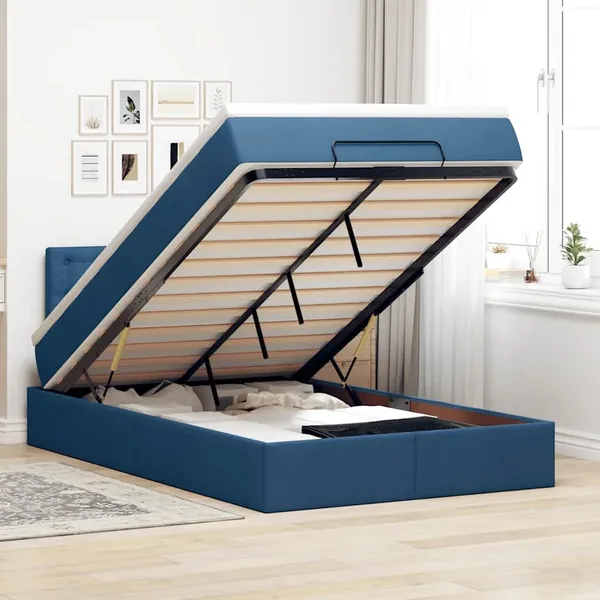 Cadre de lit ottoman avec matelas bleu 120x190 cm tissu