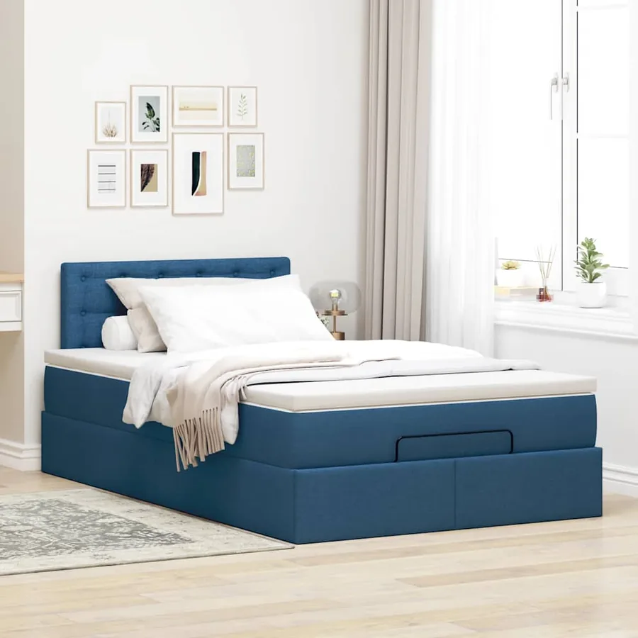Cadre de lit ottoman avec matelas bleu 120x190 cm tissu - 3