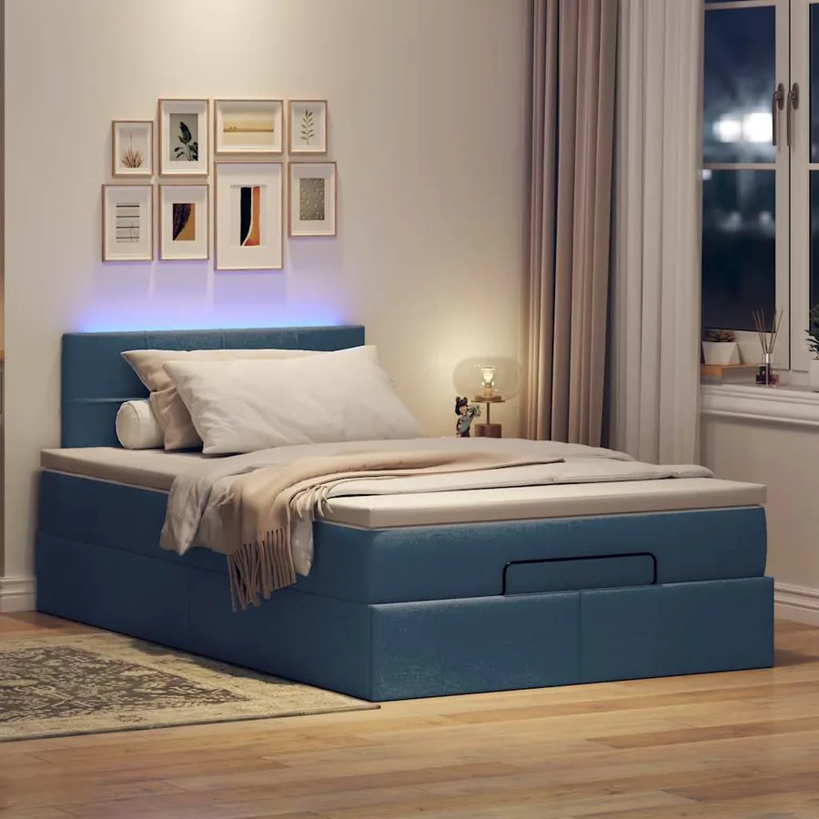 Lit ottoman avec matelas et LED bleu 120x190 cm tissu - 3