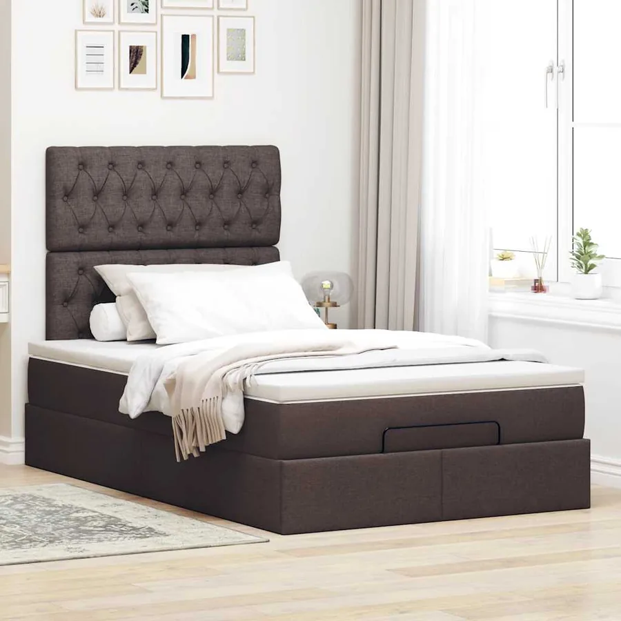 Cadre de lit ottoman avec matelas marron foncé 120x190 cm tissu - 3
