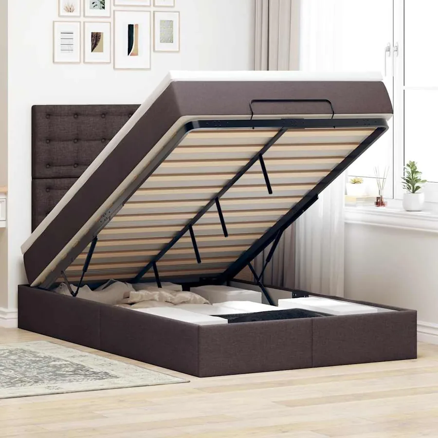 Cadre de lit ottoman avec matelas marron foncé 120x190 cm tissu