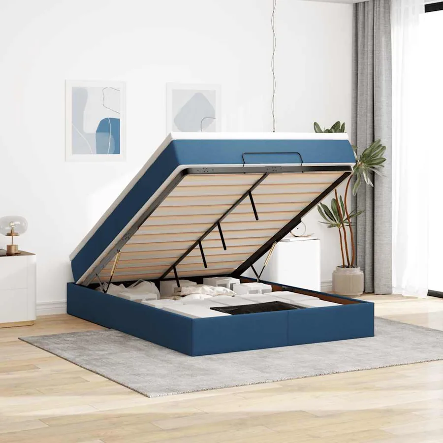 Cadre de lit ottoman avec matelas bleu 140x200 cm tissu