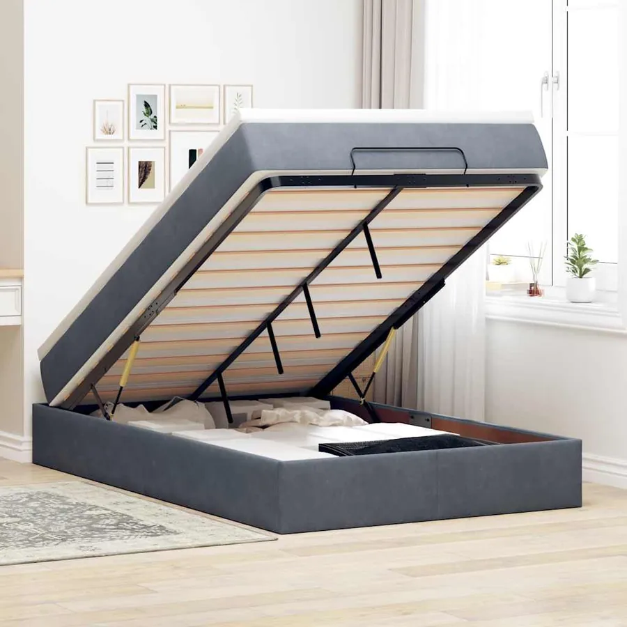 Cadre de lit ottoman et matelas gris foncé 120x200 cm velours