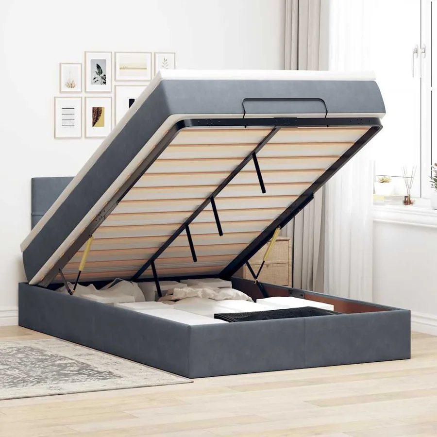 Cadre de lit ottoman et matelas gris foncé 120x200 cm velours