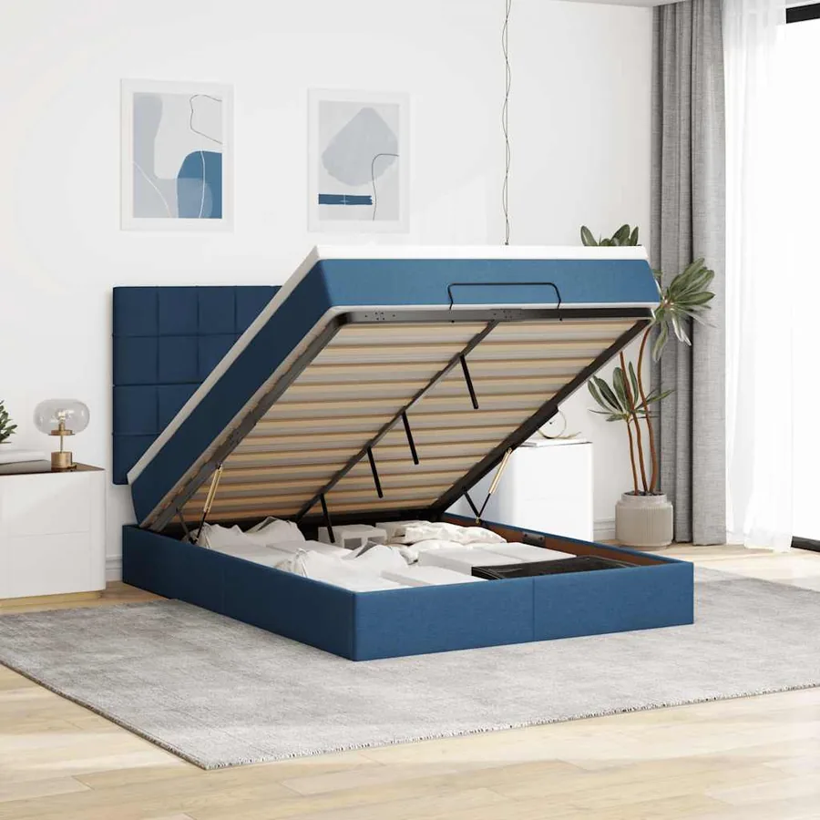 Cadre de lit ottoman avec matelas bleu 140x200 cm tissu