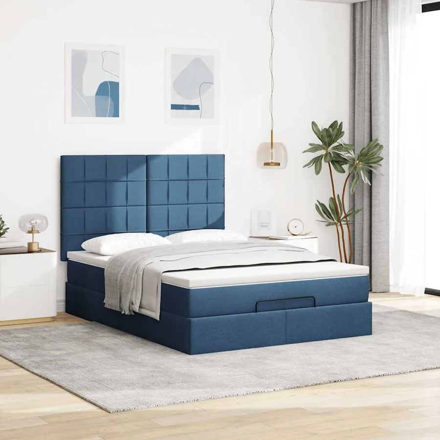 Cadre de lit ottoman avec matelas bleu 140x200 cm tissu - 4